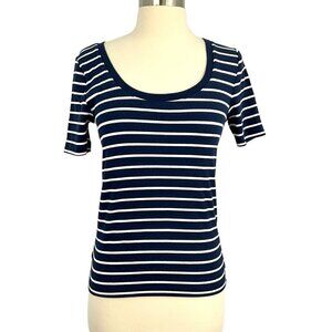 LOFT Size M Tee Shirt Blue White Striped Scoop Neck Short Sleeve Cotton Blend